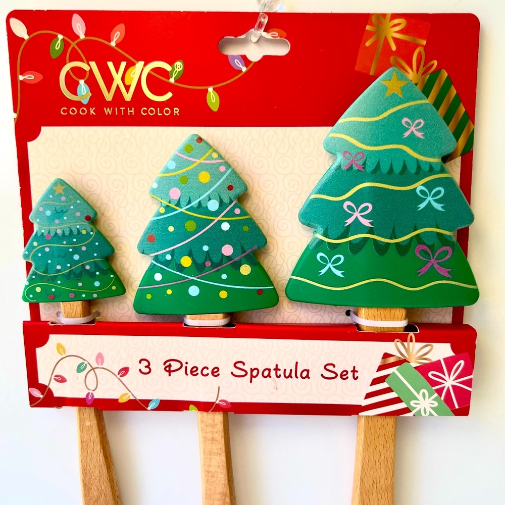 Set of 3 Christmas Tree Shaped Silicone Spatulas Ornaments Ribbon Wood Handles